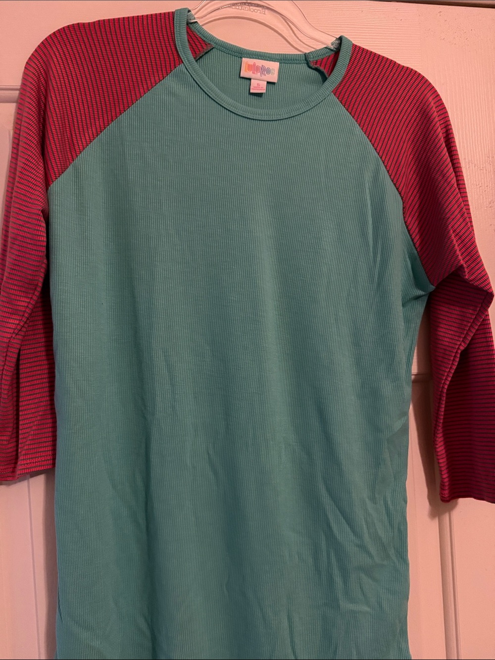 LuLaRoe Teal Body with Pink Raglan Short Sleeve Tee